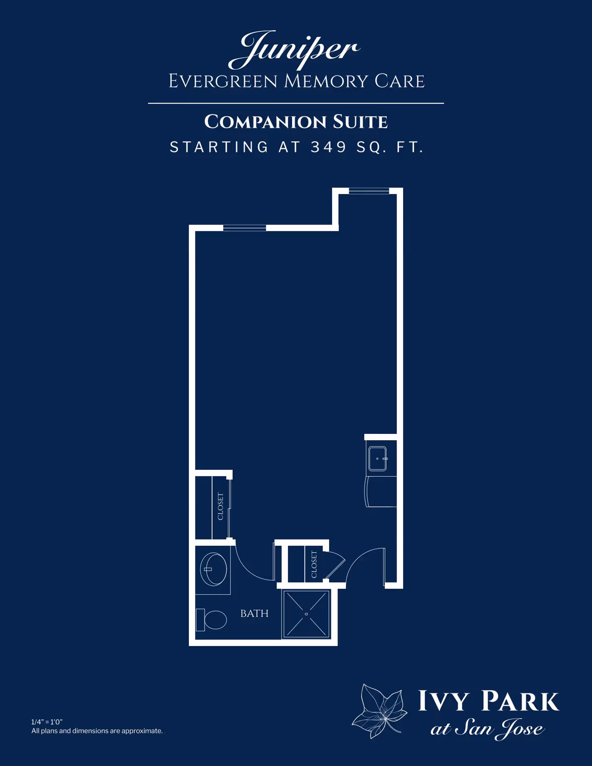 Floor plan of the Juniper Evergreen Memory Care Companion Suite at Ivy Park at San Jose, showing a layout with a bathroom, two closets, and an open living space, starting at 349 square feet.