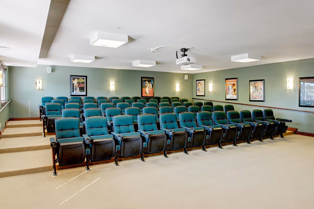 A small theater room with several rows of green cushioned seats arranged in a tiered layout. The walls are painted light green and decorated with framed movie posters. Ceiling lights and a projector are mounted on the ceiling.