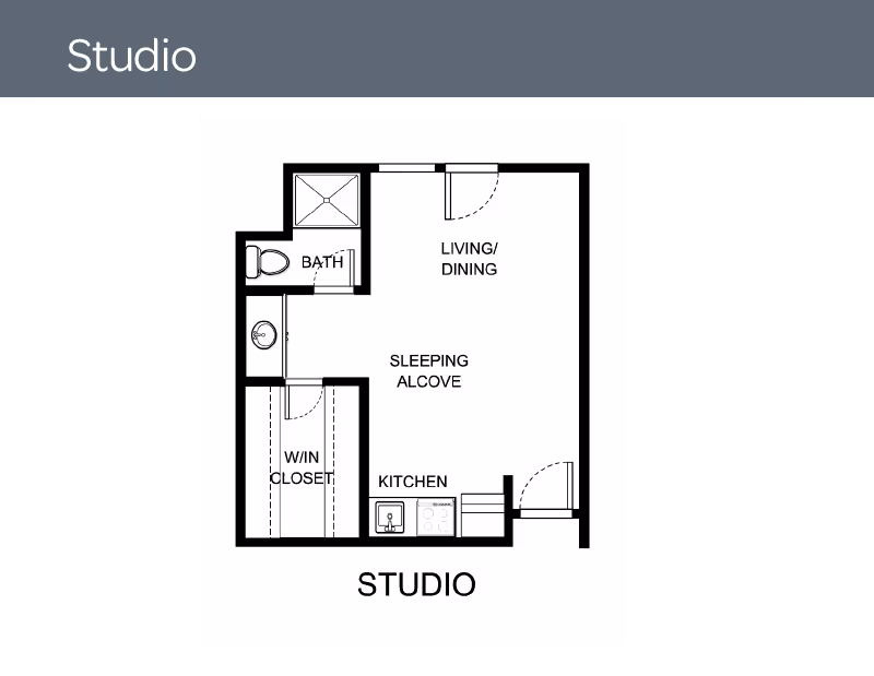 Floor plan of a studio apartment at Holiday Chateau Ridgeland showing a living/dining area, sleeping alcove, kitchen, walk-in closet, and bathroom.