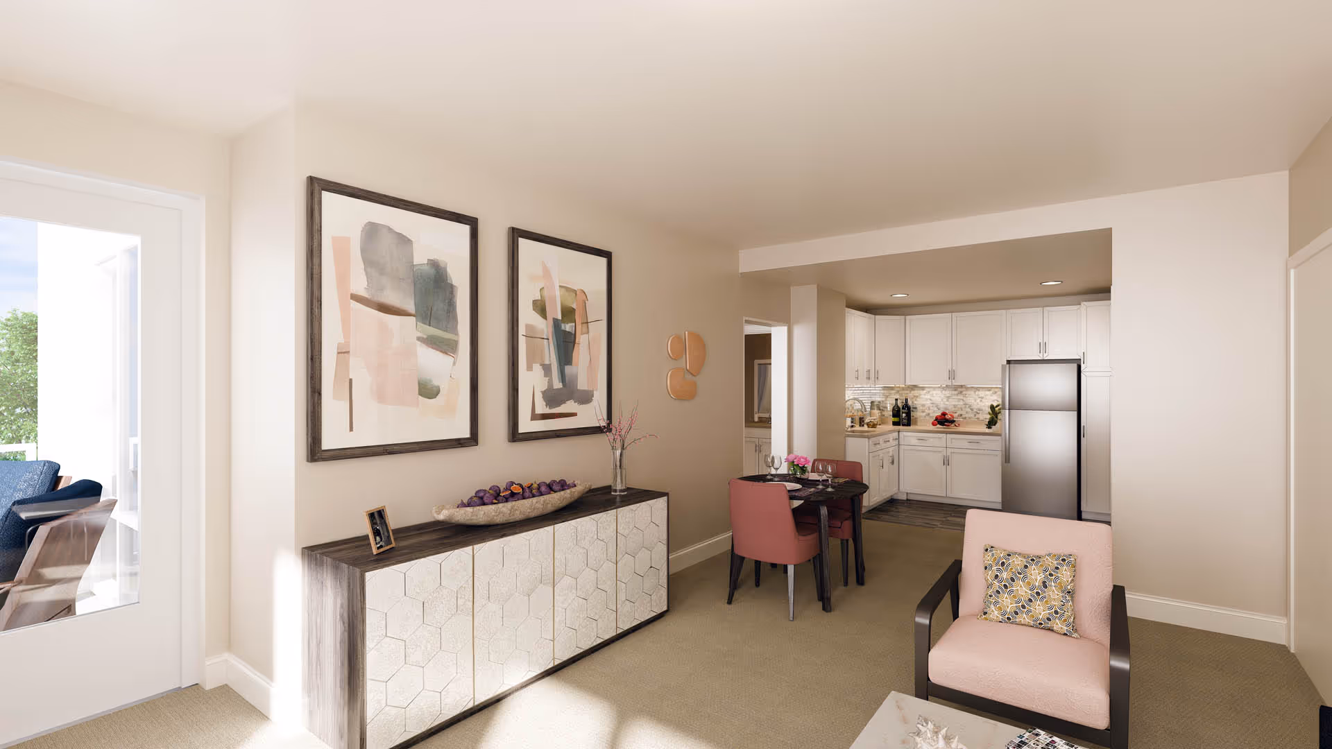 Open-plan living area with an armchair, decorative sideboard, dining table and a small kitchen in the background.