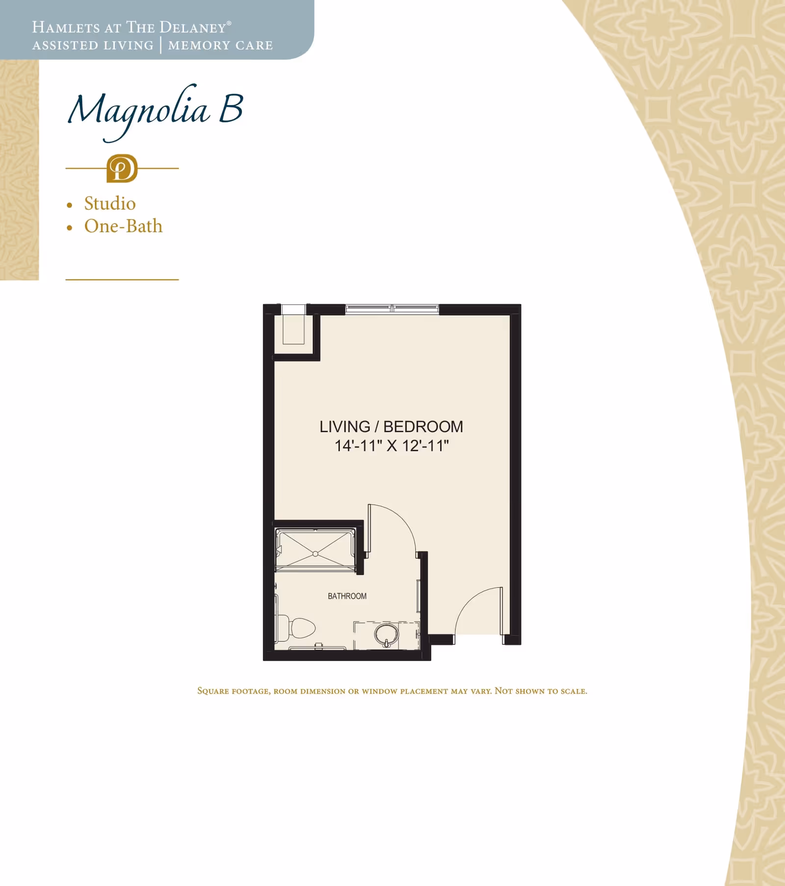 Floor plan layout of Magnolia B studio apartment with one bathroom at Hamlets at The Delaney assisted living memory care. The plan shows a combined living and bedroom area measuring 14 feet 11 inches by 12 feet 11 inches, and a separate bathroom area with a toilet, sink, and shower.