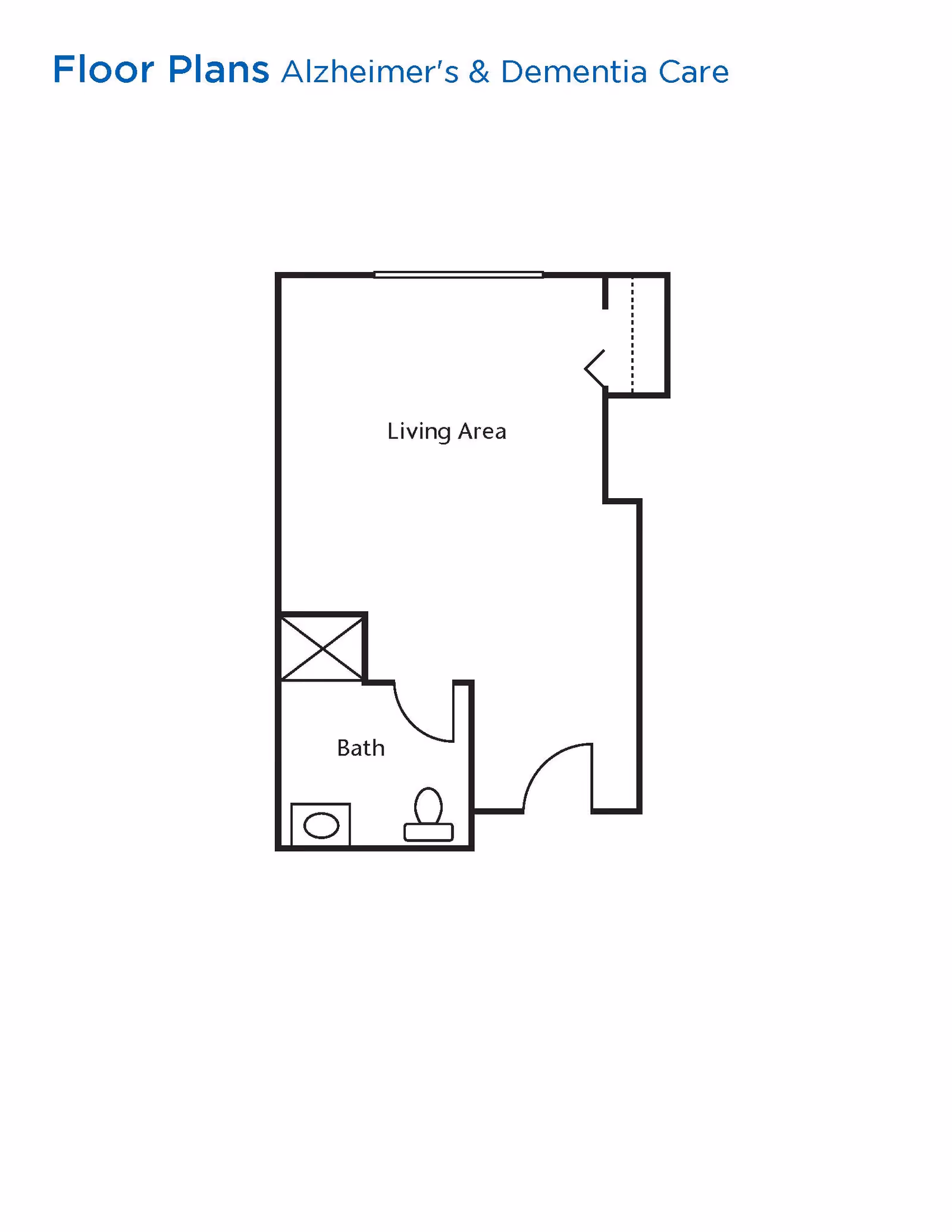 Floor plan layout for Alzheimer's and Dementia Care showing a living area and a bathroom with a toilet and sink.