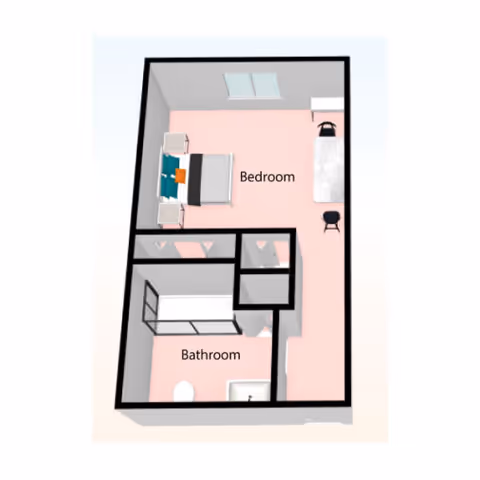 3D floor plan of a senior living unit at Woodside Senior Living showing a bedroom with a bed, two nightstands, a desk with a chair, and a bathroom with a shower, toilet, and sink.