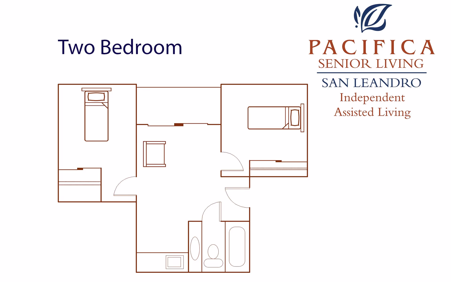 Floor plan of a two-bedroom unit at Pacifica Senior Living San Leandro showing two separate bedrooms, a central living area, and a bathroom with a bathtub and toilet.