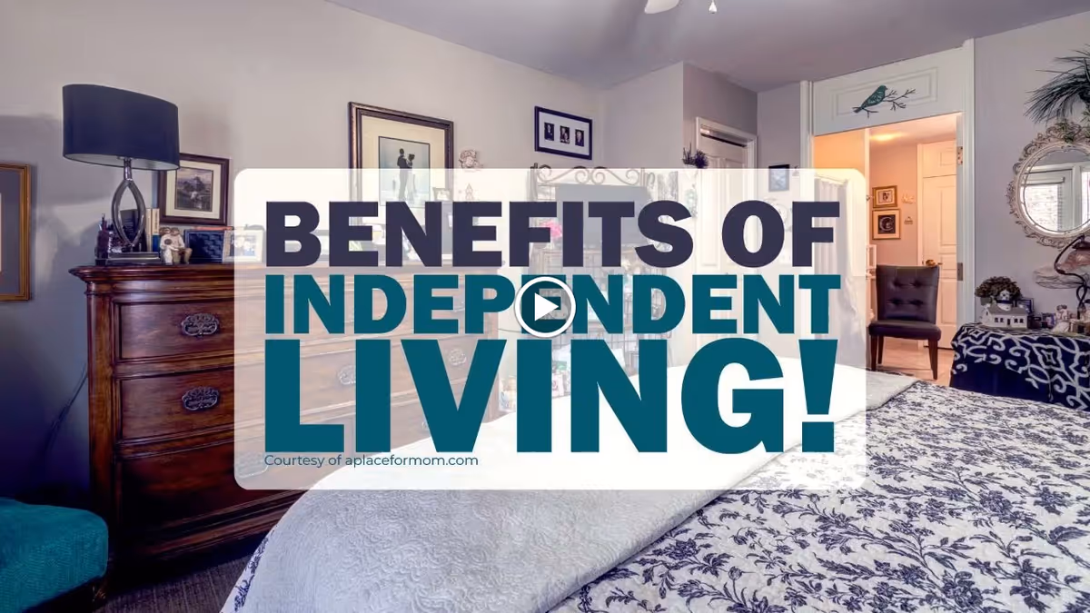 A furnished bedroom with a bed, dresser, lamp and chairs overlaid by a large graphic reading "BENEFITS OF INDEPENDENT LIVING!"