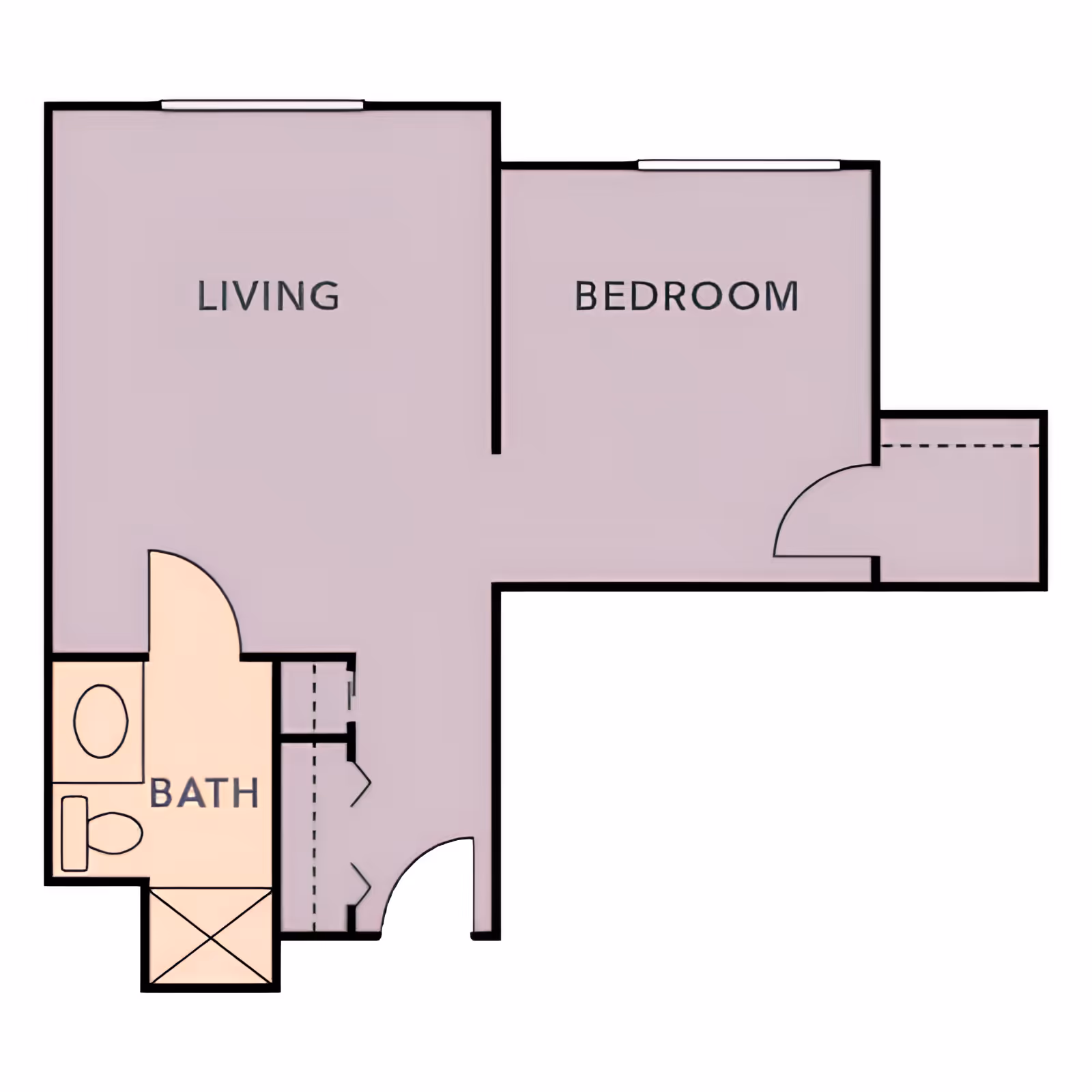 Floor plan layout showing a living room, bedroom, and bathroom. The living room is the largest area, adjacent to the bedroom and bathroom. The bathroom includes a toilet and sink.