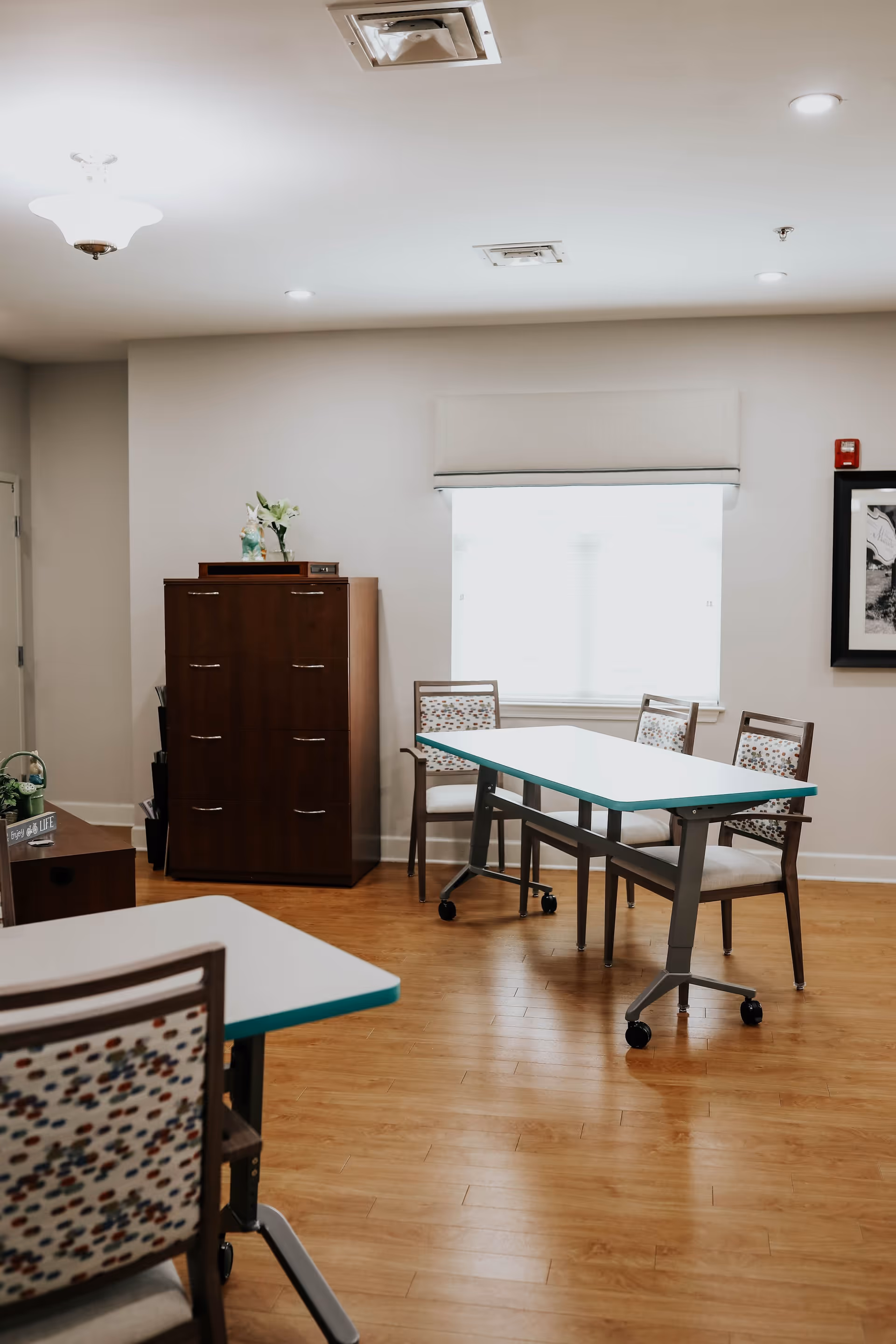 A bright room with wooden flooring featuring two tables with teal edges and wheels, surrounded by chairs with patterned cushions. A wooden cabinet with drawers and a small vase with flowers on top is against the wall. A window with a white blind lets in natural light, and a framed picture hangs on the wall next to a fire alarm.