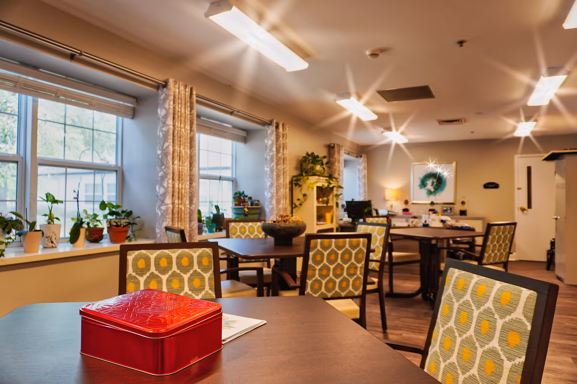 Interior of a well-lit common area with multiple tables and chairs featuring patterned upholstery. Several potted plants are placed on the windowsills and a shelf. The room has large windows with curtains, overhead lighting, and a framed artwork on the far wall.