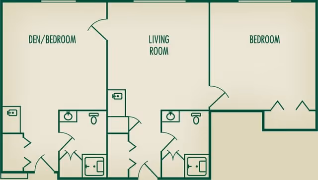 Floor plan layout showing a den/bedroom, living room, bedroom, and two bathrooms with sinks and toilets.