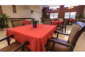 A dining area with tables covered in red tablecloths and chairs arranged around them. There are plants on the tables and large windows in the background letting in natural light.