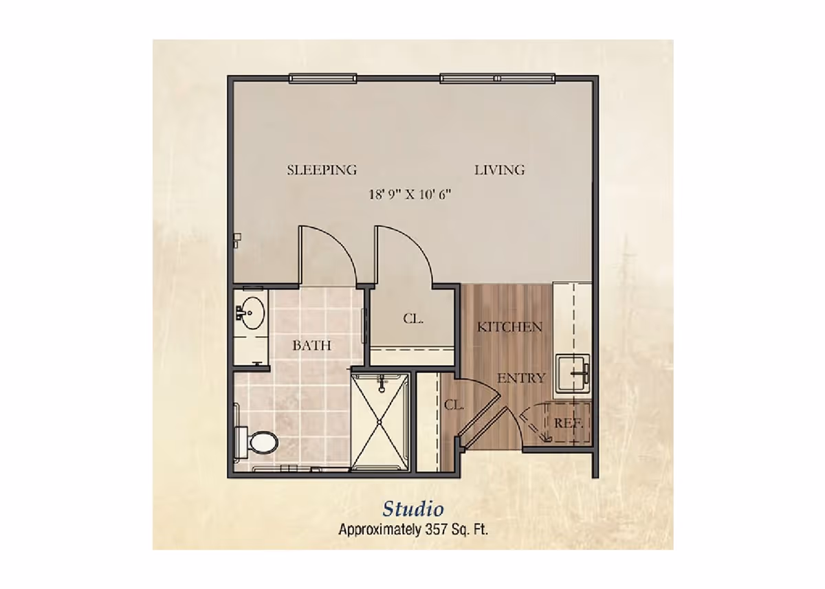 Floor plan of a studio apartment approximately 357 square feet, showing areas labeled Sleeping, Living, Bath, Kitchen, Entry, and closets (CL). The layout includes a bathroom with a toilet and sink, a kitchen area with a refrigerator and sink, and combined living and sleeping space.