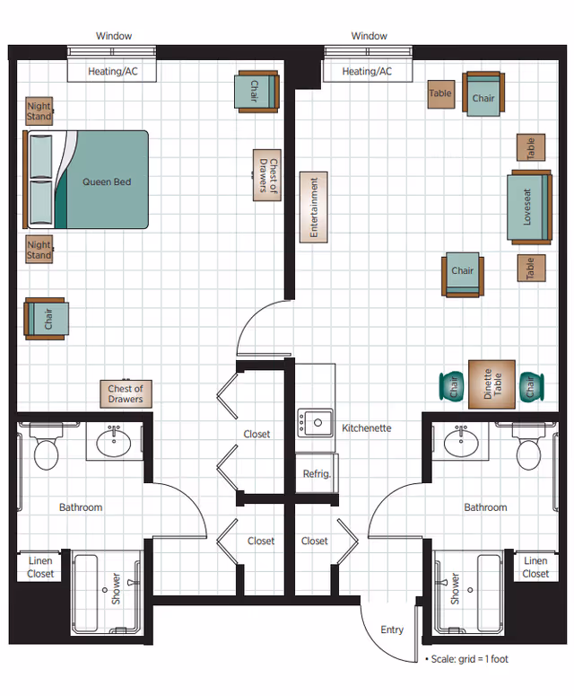 Floor plan of a senior living unit at Belmont Village Senior Living Calabasas showing two main rooms: a bedroom with a queen bed, night stands, chairs, and chest of drawers; and a living room with loveseat, chairs, tables, dinette table, kitchenette with refrigerator, and entertainment area. The unit includes two bathrooms each with a shower, toilet, sink, and linen closet, as well as multiple closets and an entry area. Windows and heating/AC units are also indicated.