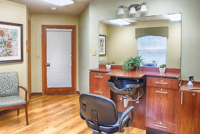 Interior view of a salon area in a senior living facility named Ada, featuring a black salon chair in front of a wooden counter with a built-in sink, a large mirror, potted plants on the counter, a window with blinds, a framed floral artwork on the wall, and a wooden door with blinds.