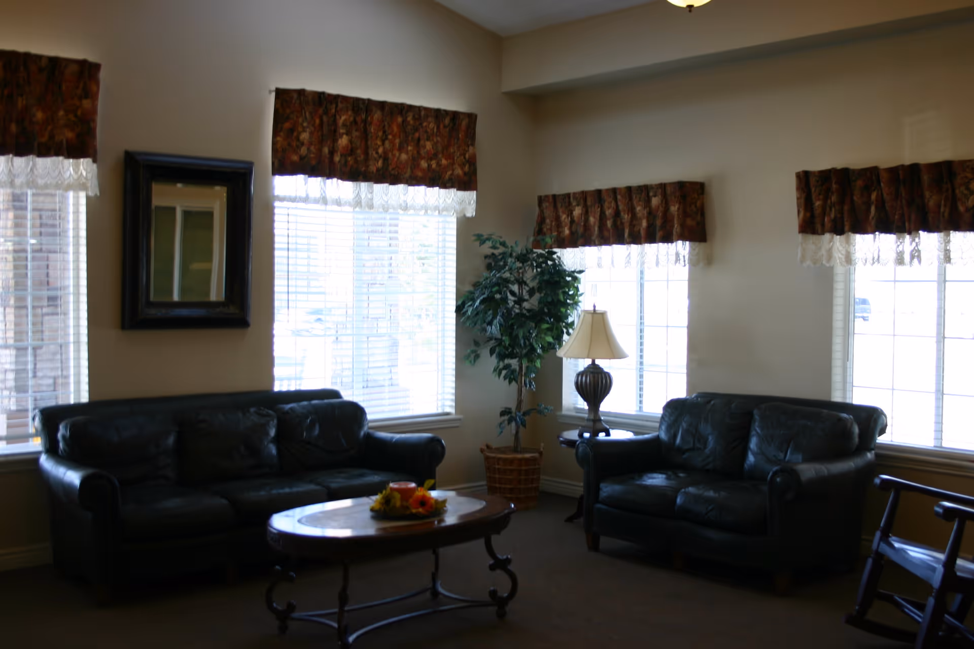 A cozy living room with two dark leather sofas, a wooden coffee table with a decorative centerpiece, a side table with a lamp, a potted plant in the corner, and three windows with floral valances and lace curtains.