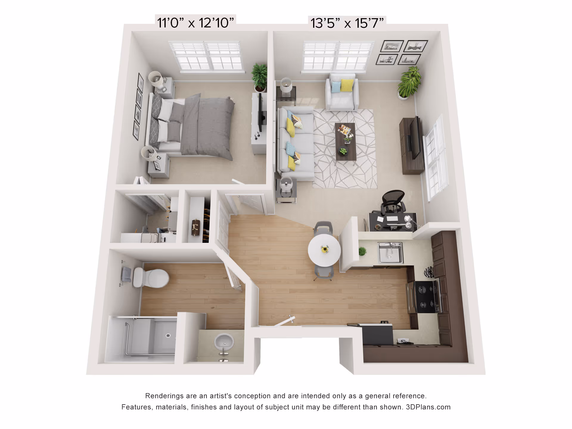 3D floor plan of a one-bedroom apartment showing a bedroom, bathroom, kitchen with dining area, and a living room.