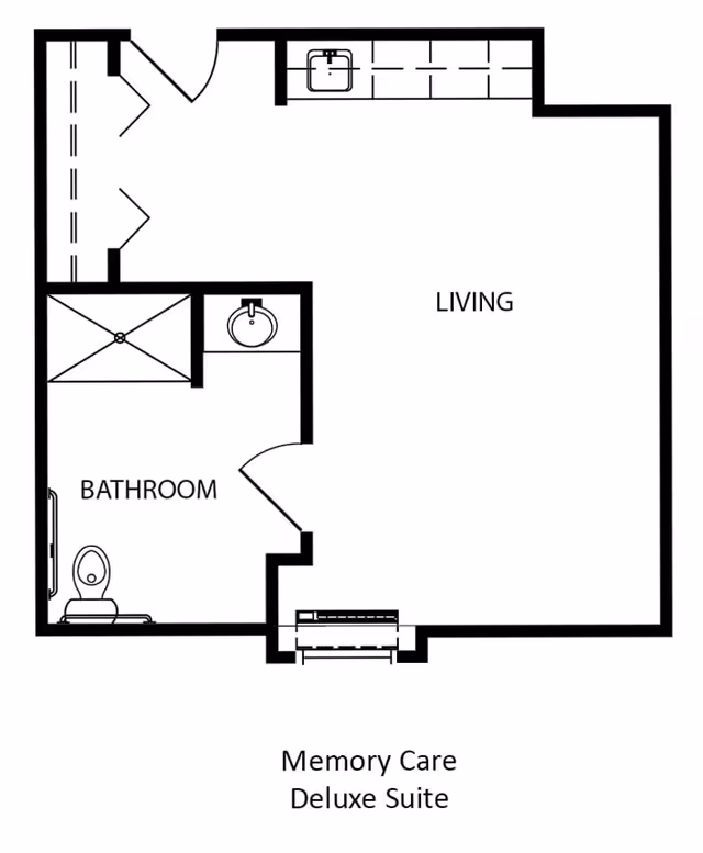 Floor plan layout of a Memory Care Deluxe Suite at Villages At Vintage Oaks, showing a living area and a bathroom with a toilet, sink, and shower.