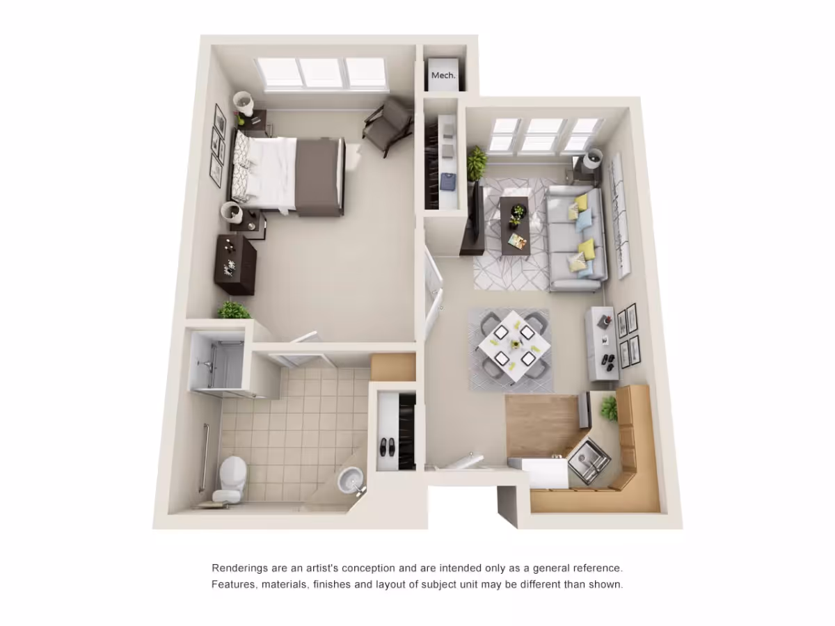 3D floor plan rendering of a one-bedroom apartment showing a bedroom, bathroom, kitchen, dining area and living room.