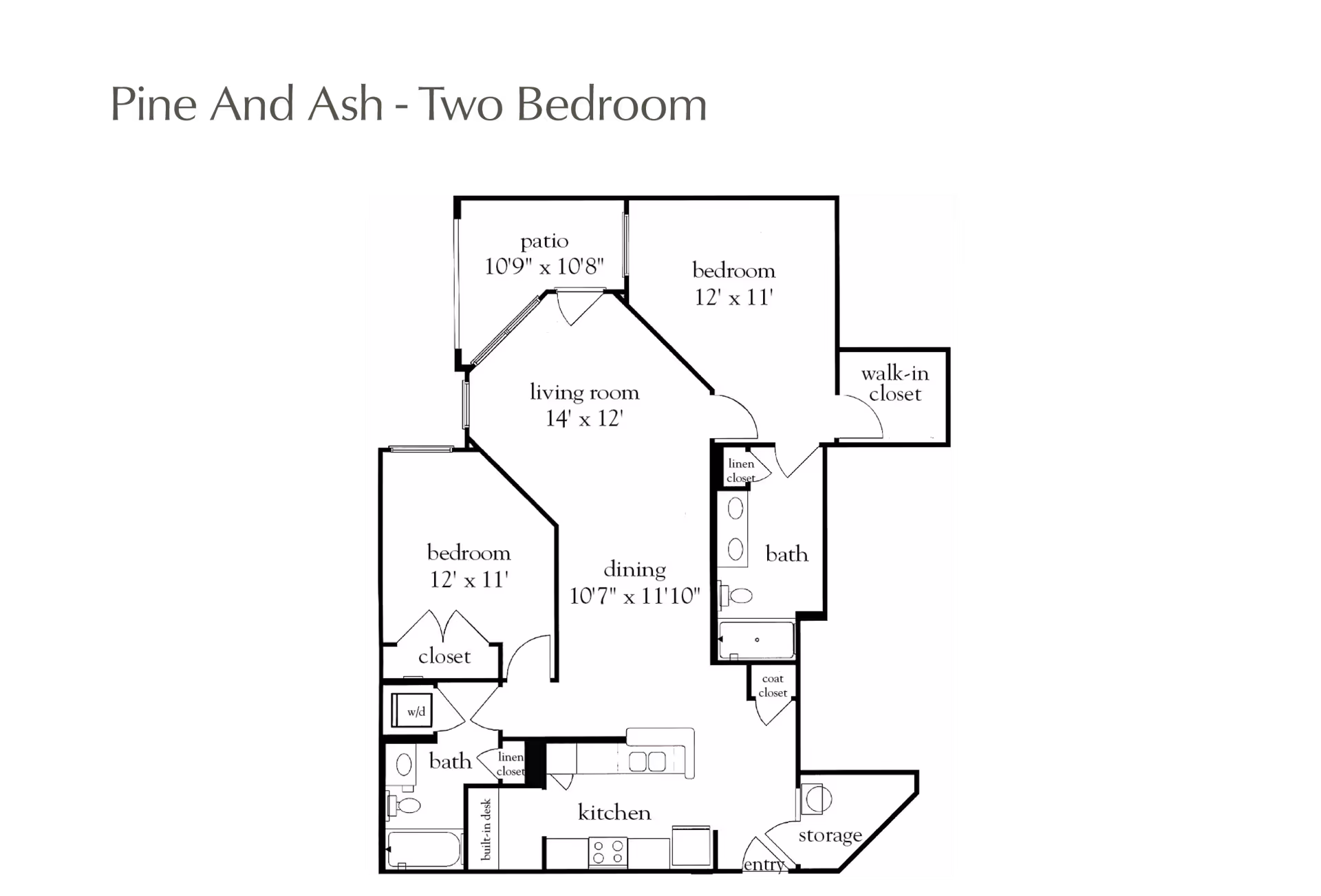 Floor plan titled Pine And Ash - Two Bedroom showing layout with two bedrooms, two bathrooms, living room, dining area, kitchen, patio, closets, storage, and entry.