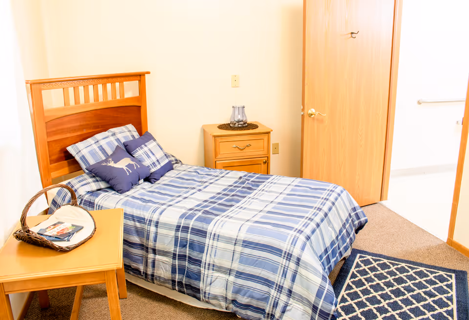A small bedroom with a single wooden bed featuring blue and white plaid bedding and decorative pillows, a wooden nightstand with a glass candle holder, a wooden side table with a basket and magazines, a door slightly ajar leading to a bright adjacent room, and a blue patterned rug on the carpeted floor.