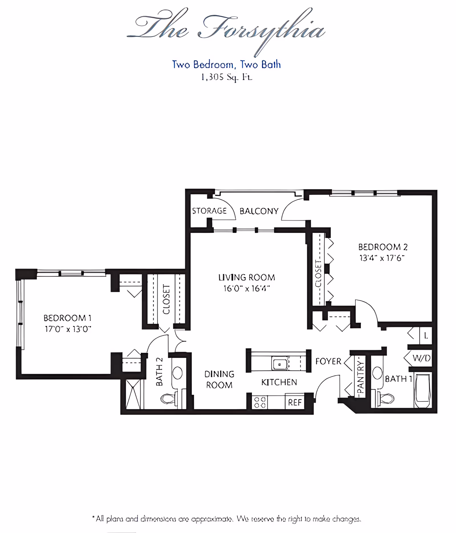 Floor plan of The Forsythia, a two-bedroom, two-bath apartment with 1,305 square feet. The layout includes Bedroom 1 (17'0" x 13'0"), Bedroom 2 (13'4" x 17'6"), two bathrooms, a living room (16'0" x 16'4"), dining room, kitchen, foyer, pantry, balcony with storage, and closets.