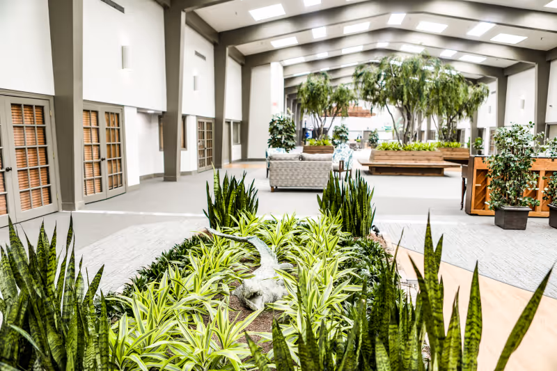 Bright indoor atrium-style common area with planted beds, sofas, and skylights.