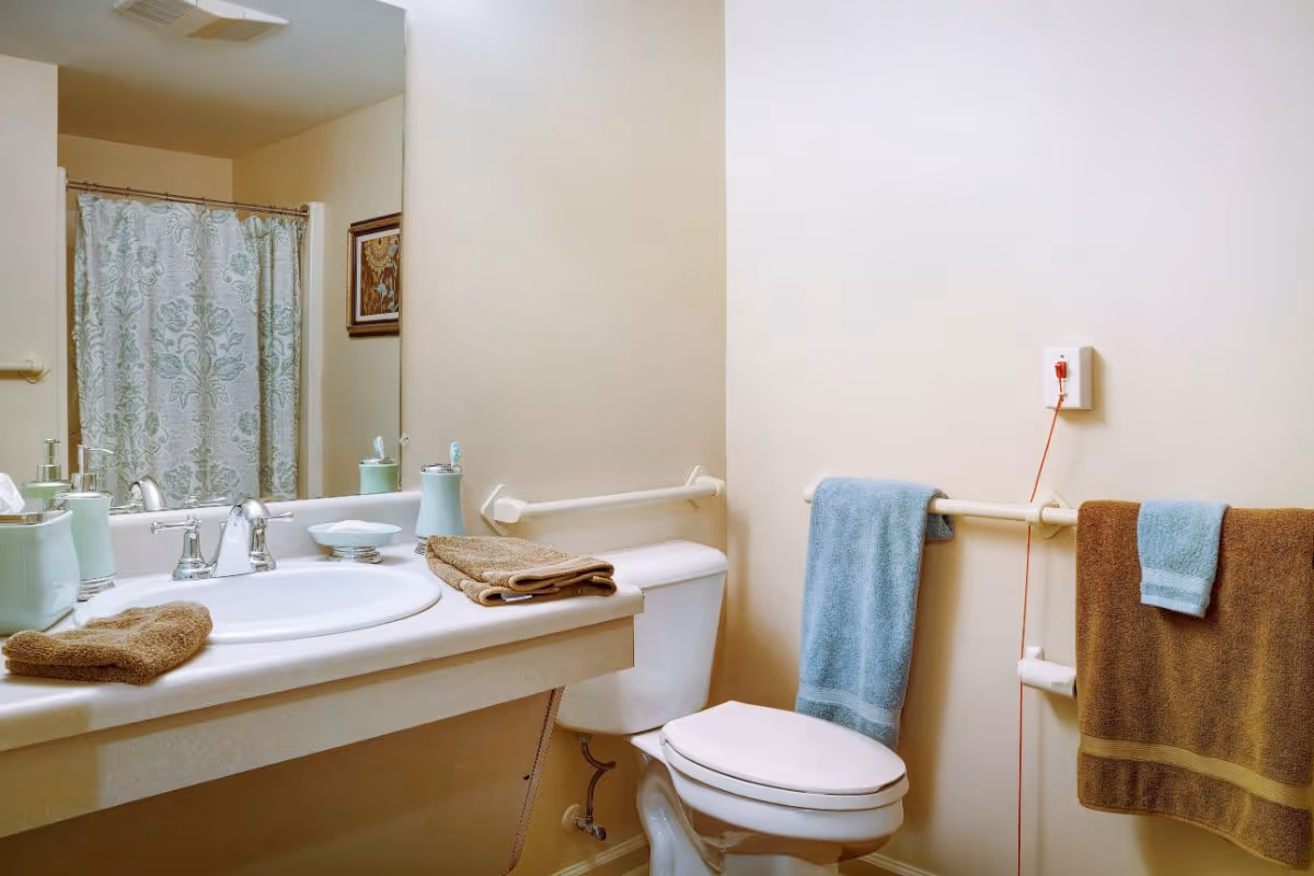Accessible bathroom featuring a sink and mirror, toilet with grab bars and emergency pull cord, towels, and a shower curtain.