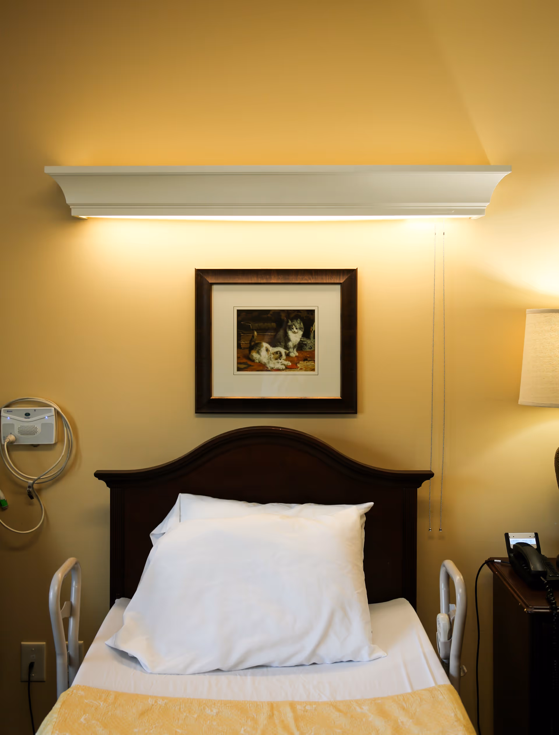 A hospital-style bed with a white pillow and yellow blanket in a room with beige walls. Above the bed is a framed picture of two cats. There is a wall-mounted light fixture above the picture, a bedside table with a lamp and a telephone on the right, and a medical device mounted on the left wall.
