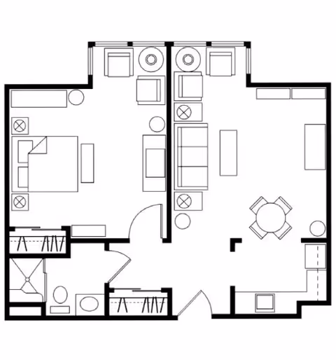 Architectural floor plan of a one-bedroom apartment showing a bedroom with a bed and nightstands, a bathroom with a shower, toilet, and sink, a living room with sofas and chairs, and a dining area with a round table and four chairs.