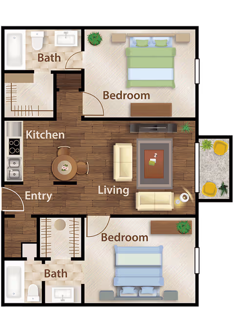 Floor plan of a two-bedroom apartment at The Broadmoor Retirement Community, showing two bedrooms, two bathrooms, a kitchen, a living area with seating and a coffee table, an entryway, and a small outdoor patio with two chairs and plants.