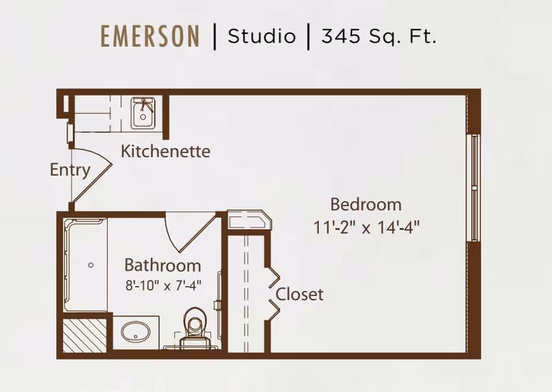 Floor plan labeled Emerson Studio 345 sq. ft. showing a kitchenette, entry, bathroom, closet, and bedroom with dimensions.