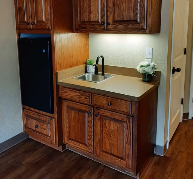 A small kitchenette area with wooden cabinets, a countertop with a built-in sink and black faucet, a small black refrigerator, and decorative plants on the counter. The floor is wooden, and a white door is visible to the right.