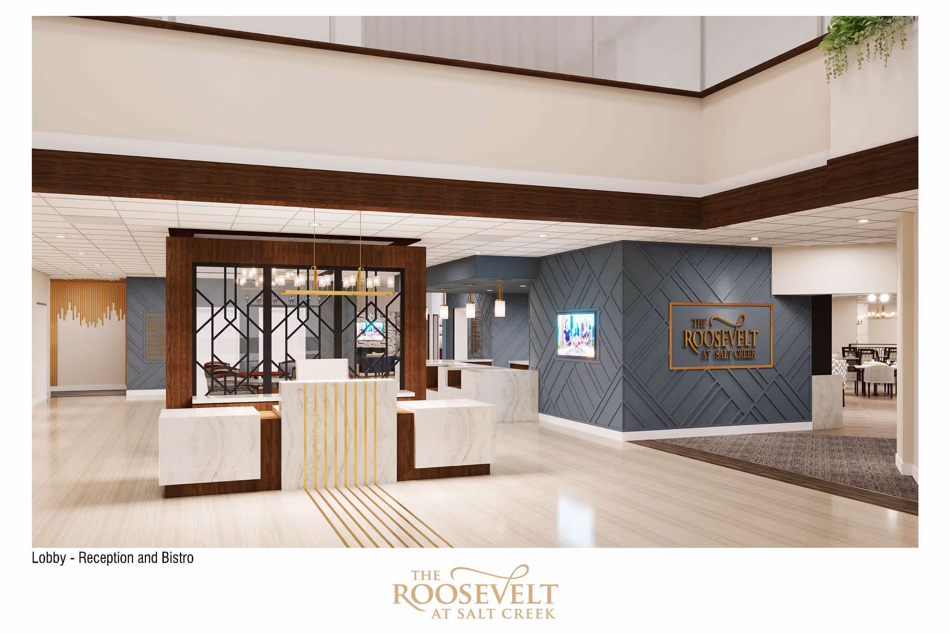 Modern lobby area of The Roosevelt at Salt Creek featuring a reception desk with marble and wood accents, a decorative partition with glass and geometric patterns, and a seating area visible through the partition. The walls have a textured blue-gray design with a sign displaying the facility's name. There is a dining area visible in the background.