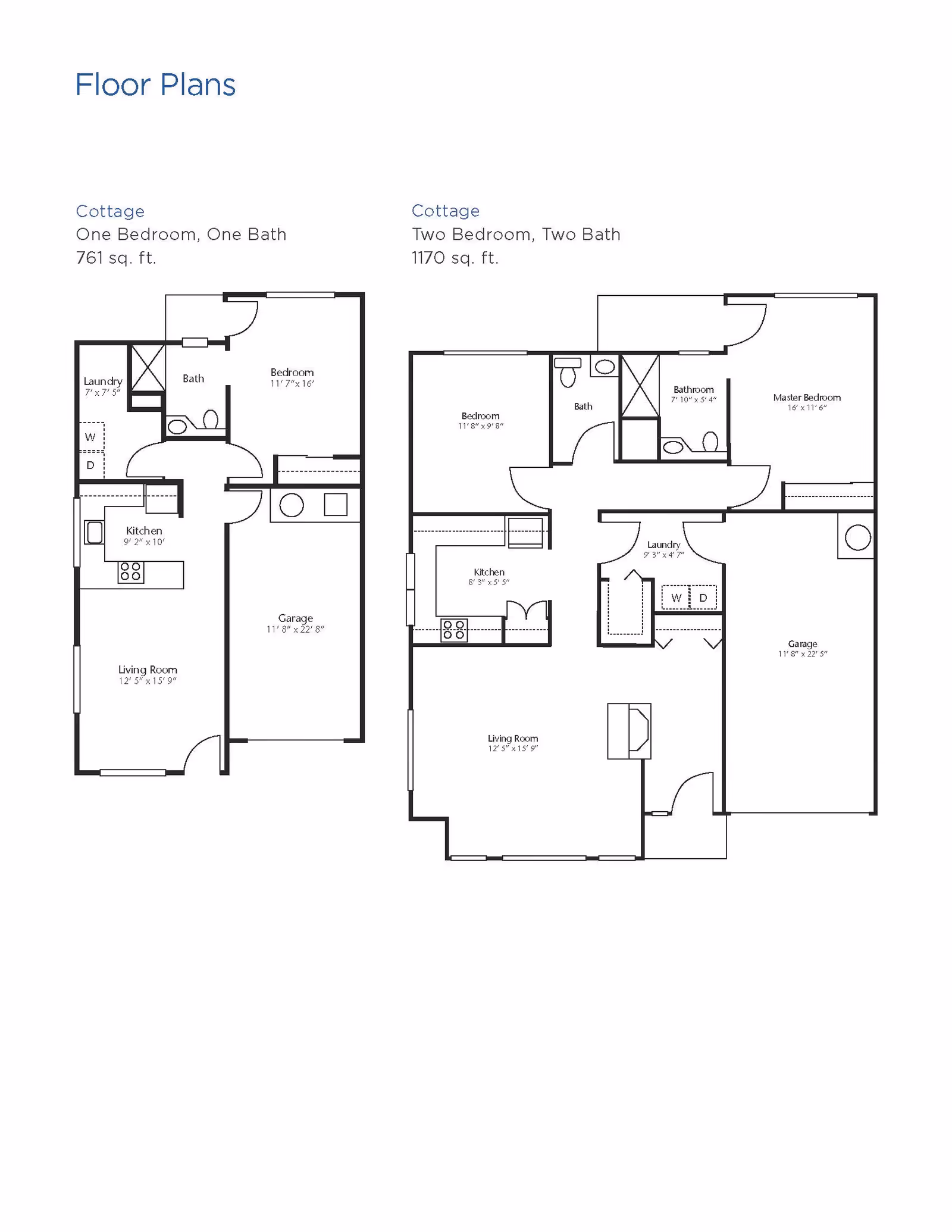 Floor plans for two cottages at Brookdale Boise Parkcenter. The first cottage has one bedroom, one bath, a laundry area, kitchen, living room, and garage, totaling 761 sq. ft. The second cottage has two bedrooms, two baths, a laundry area, kitchen, living room, and garage, totaling 1170 sq. ft.