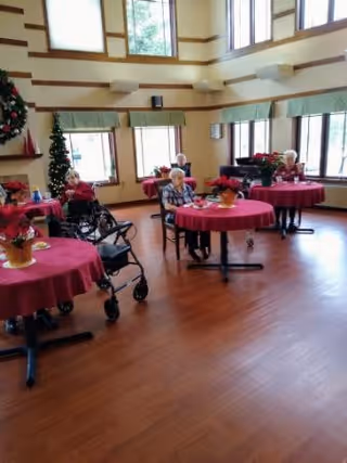 A spacious room with large windows and wooden floors, featuring several elderly individuals seated at round tables covered with red tablecloths. There is a Christmas tree and holiday decorations in the background, and a walker is visible near one of the tables.