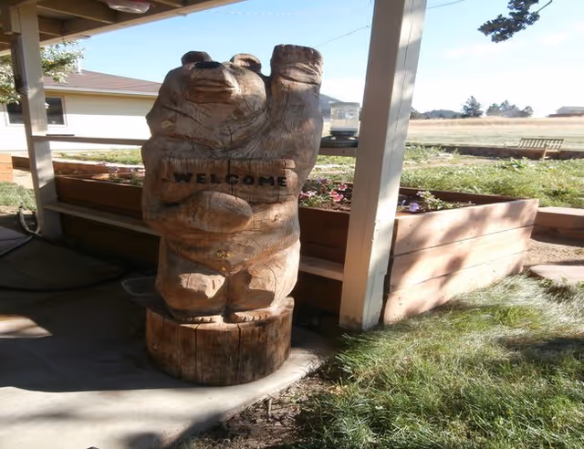 A wooden carved bear statue holding a 'WELCOME' sign stands on a circular wooden base under a covered patio area. Behind the statue, there is a raised garden bed with flowers and a grassy area extending into an open field with a bench in the distance.