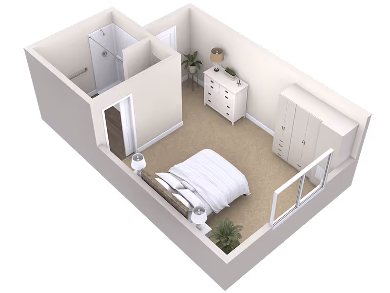3D floor plan of a small bedroom with a bed, two bedside tables with lamps, a dresser with a lamp and plant, a wardrobe, a potted plant, and an attached bathroom with a shower.