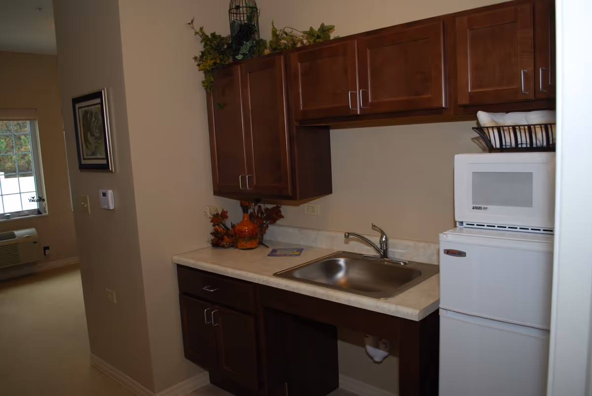 Small kitchenette with a sink, dark wood cabinets, a microwave on a mini-fridge and decorative accents.