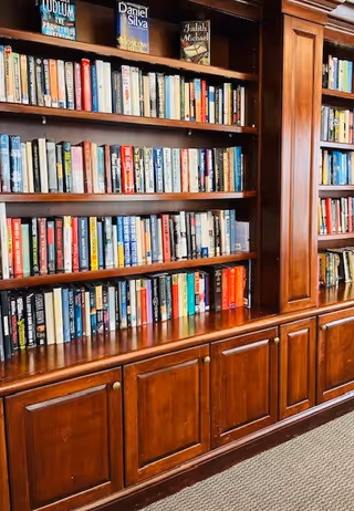 Wooden bookshelf filled with a variety of books in a well-lit room, with closed cabinets at the bottom and carpeted floor.
