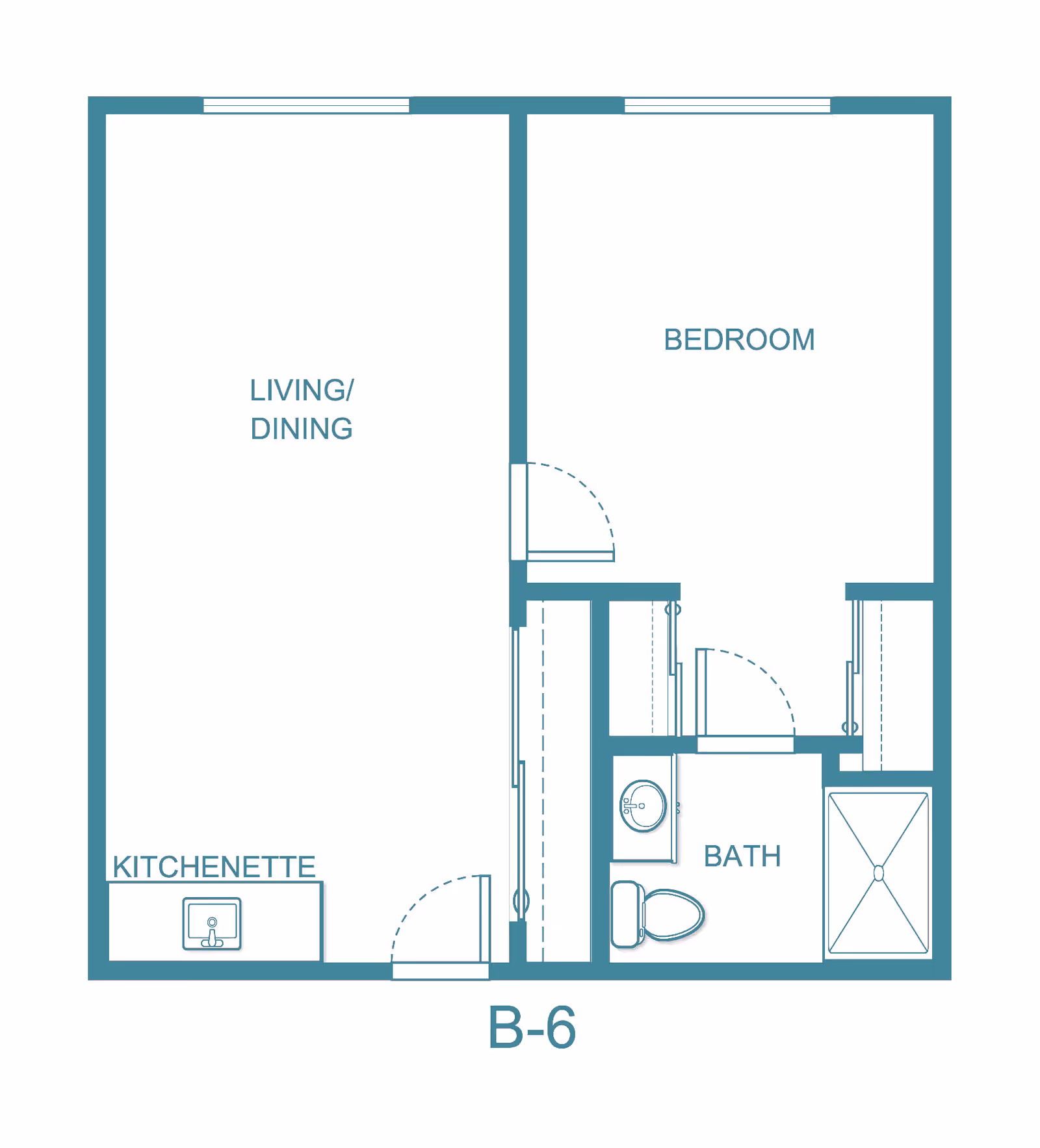 Floor plan labeled B-6 showing a layout with a living/dining area, kitchenette, bedroom, and bathroom. The bathroom includes a sink, toilet, and shower. Doors and closets are indicated within the layout.