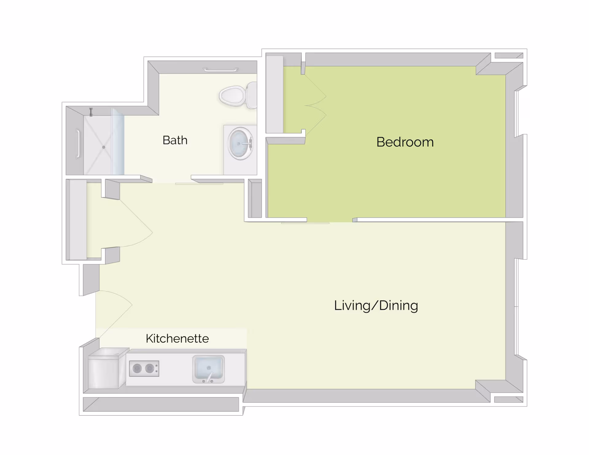 Floor plan of a senior living unit at The Residence at Quarry Hill showing a bedroom, a combined living and dining area, a kitchenette, and a bathroom with a shower, toilet, and sink.
