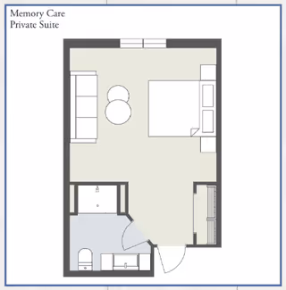 Top-down floor plan of a memory care private suite showing a bedroom/living area with a bed, sofa and two round tables, a closet, and an attached bathroom.