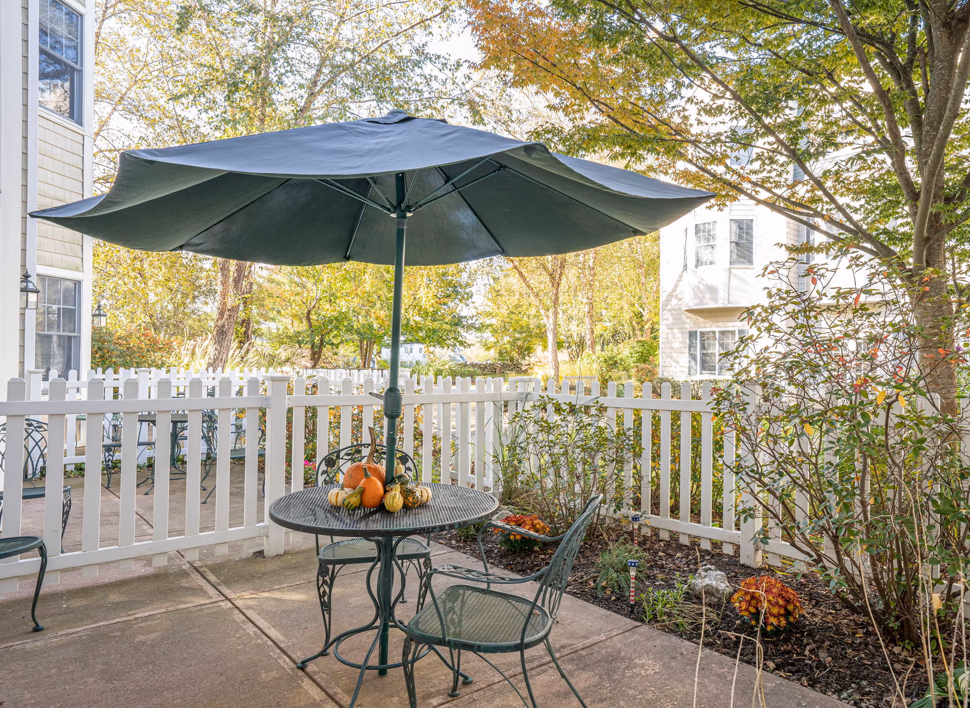 Outdoor patio area with a round metal table and two chairs under a large dark green umbrella. The table has decorative pumpkins and gourds on it. The patio is enclosed by a white picket fence with trees and shrubs surrounding the area, and a building is partially visible in the background.