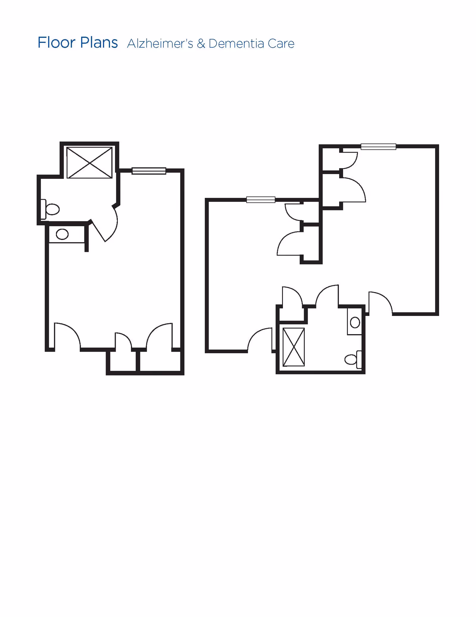 Black and white floor plan layout for Alzheimer's and Dementia Care showing two separate unit designs with rooms, doors, and bathroom fixtures.