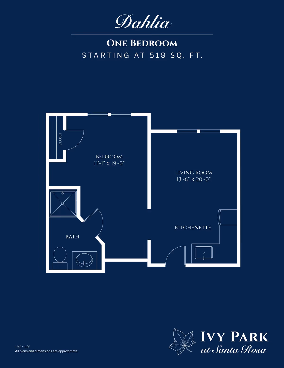 Floor plan of a one-bedroom apartment named Dahlia at Ivy Park at Santa Rosa, showing a bedroom measuring 11 feet 1 inch by 19 feet, a living room measuring 13 feet 6 inches by 20 feet with a kitchenette, and a bathroom with a shower, toilet, and sink.