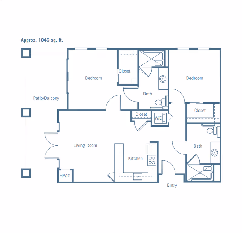 Floor plan of a residential unit approximately 1046 square feet, featuring two bedrooms, two bathrooms, a kitchen, a living room, closets, a patio/balcony, an entry, and an HVAC area. The layout includes a washer/dryer area near the bathrooms.