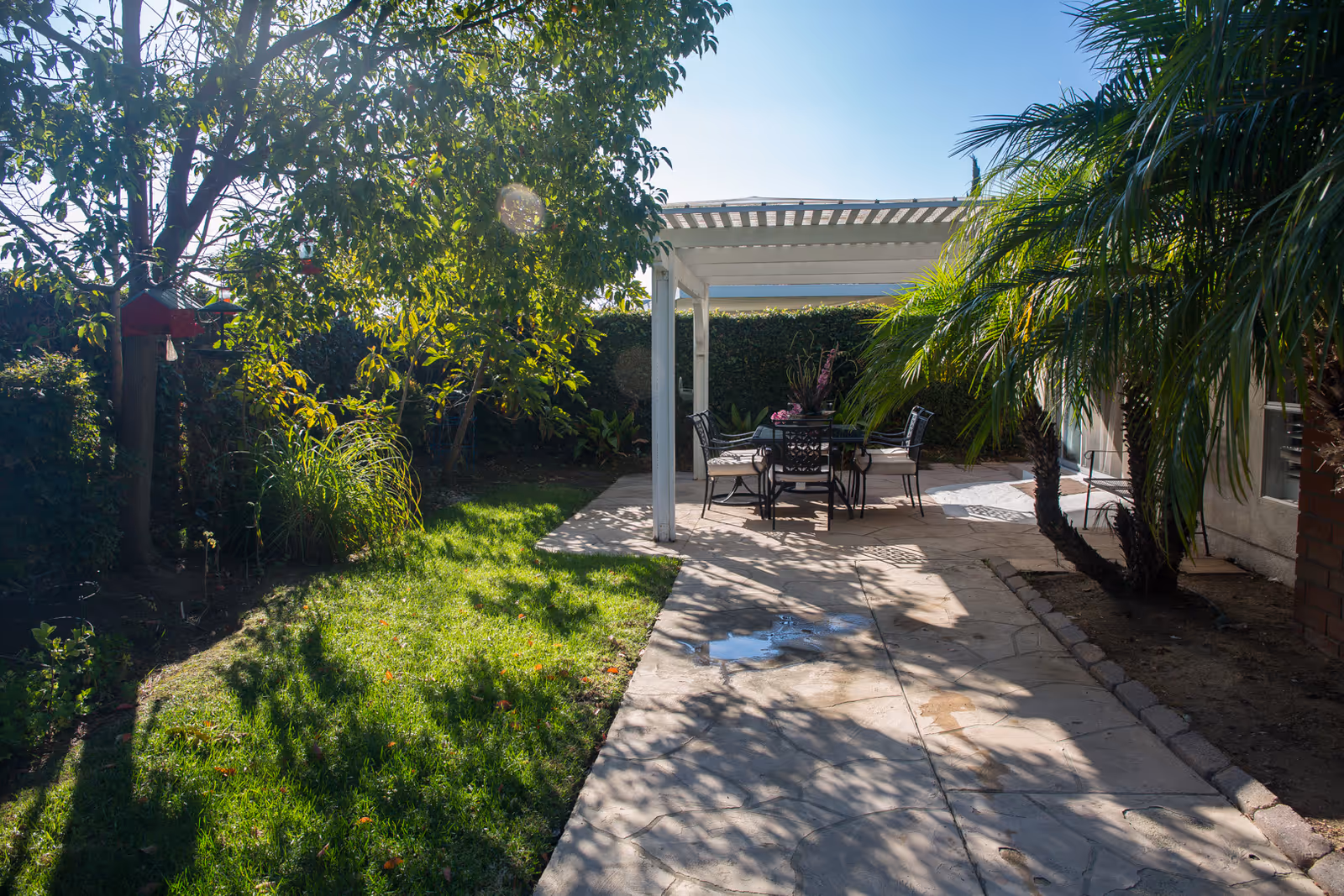 Sunlit backyard patio with a pergola-covered dining table and chairs, a paved walkway, lawn and surrounding trees.