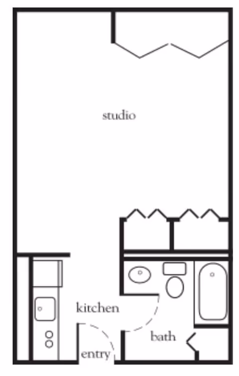 Floor plan of a studio apartment featuring an entry leading into a kitchen area, a combined studio living and sleeping space, and a bathroom with a sink, toilet, and bathtub.