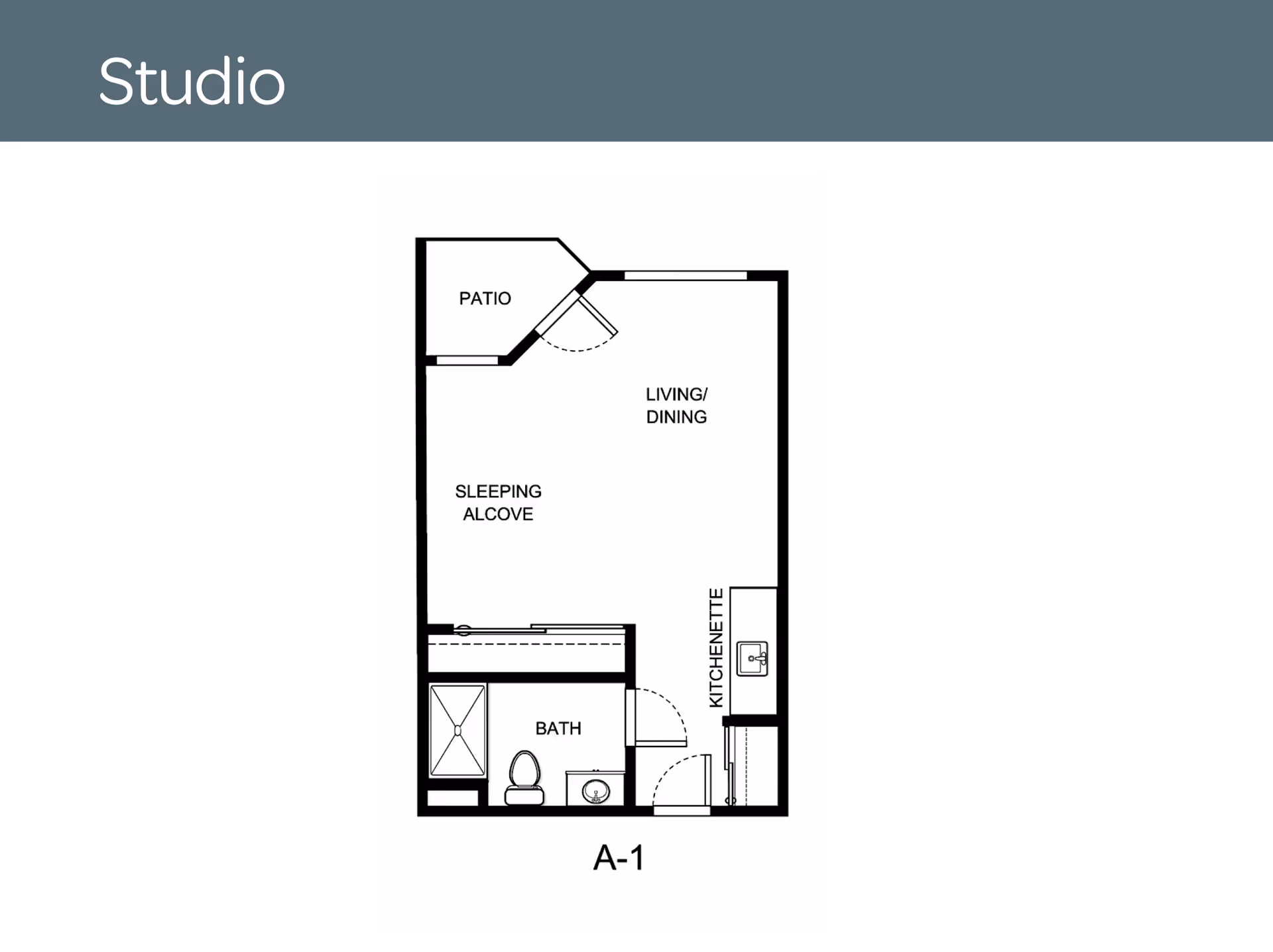 Floor plan of a studio apartment at Holiday Andover Place showing a patio, living/dining area, sleeping alcove, kitchenette, and bathroom.