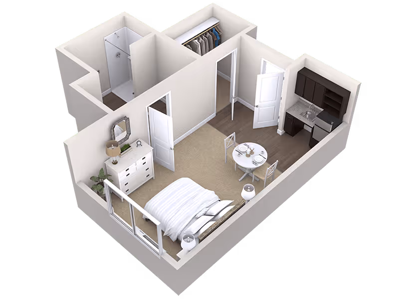 3D floor plan of a studio apartment featuring a bedroom area with a bed, two nightstands, a dresser with a lamp and mirror, a small dining area with a round table and two chairs, a kitchenette with cabinets, sink, and refrigerator, a walk-in closet, and a bathroom with a shower.