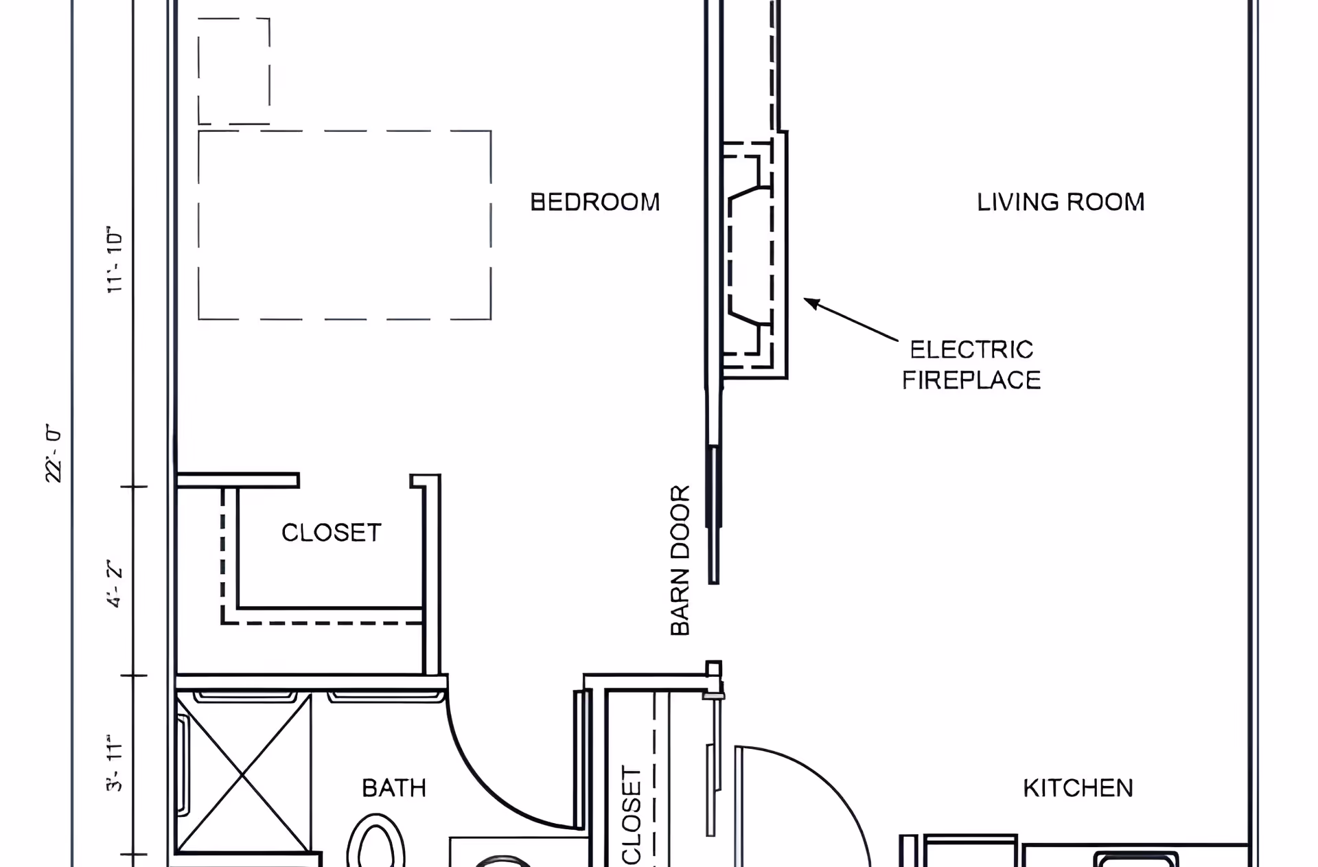Architectural floor plan of a living space in Cascade Inn Assisted Living Community showing a bedroom with a closet, a bathroom, a living room with an electric fireplace, and a kitchen. The living room and bedroom are separated by a barn door.